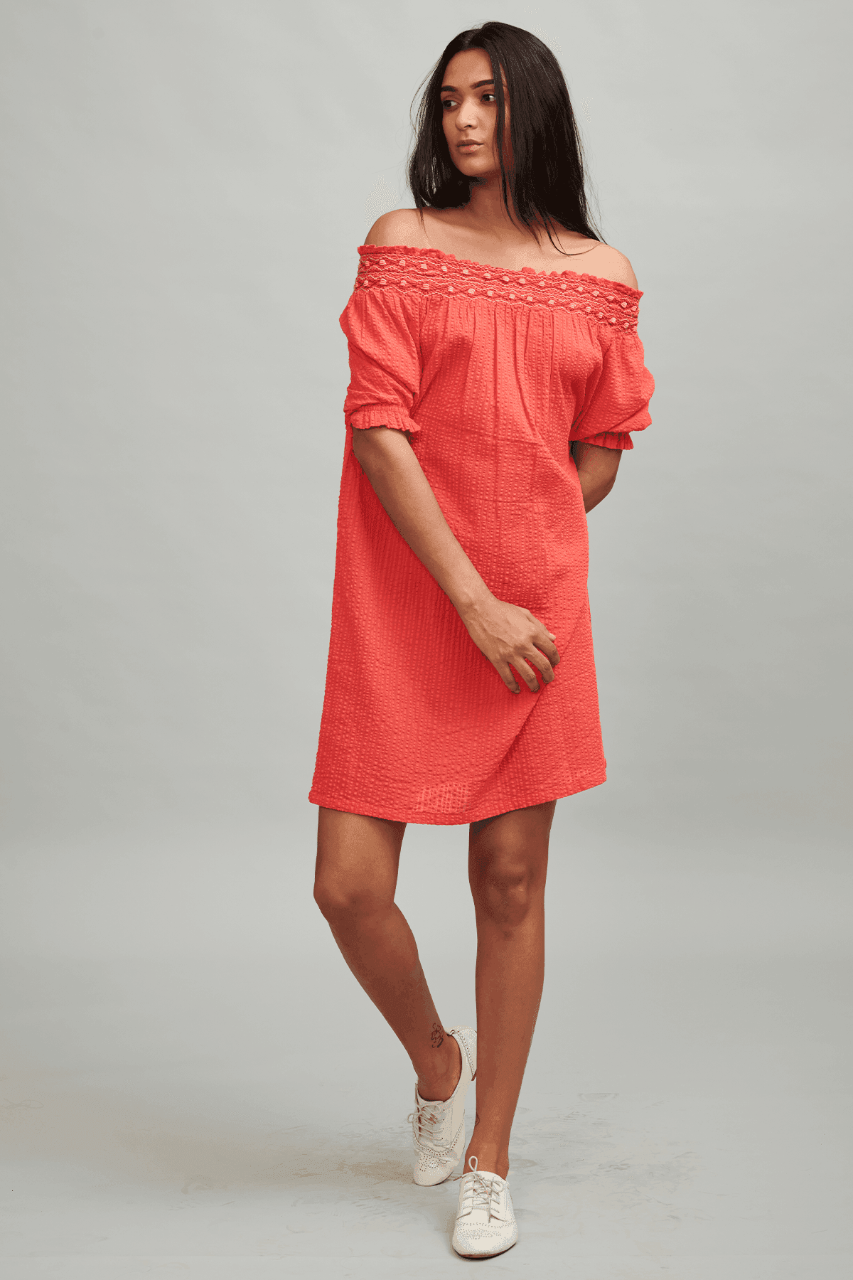 CORAL OFF-SHOULDER DRESS - dash and dot