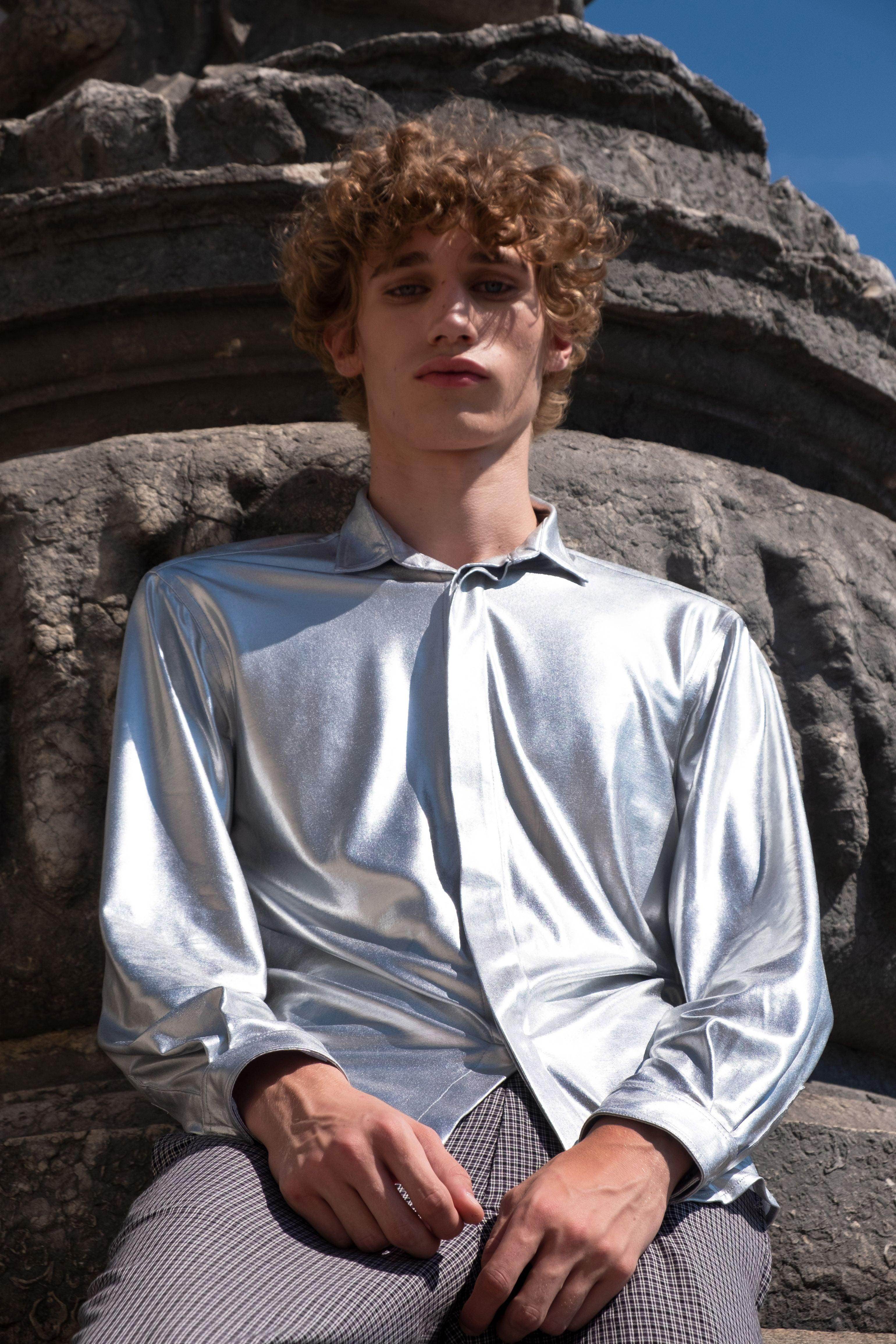 silver dress shirt High-Quality Fancy Woven Long Sleeve Shirt, LARGE Made from breathable Material dash and dot - Silver