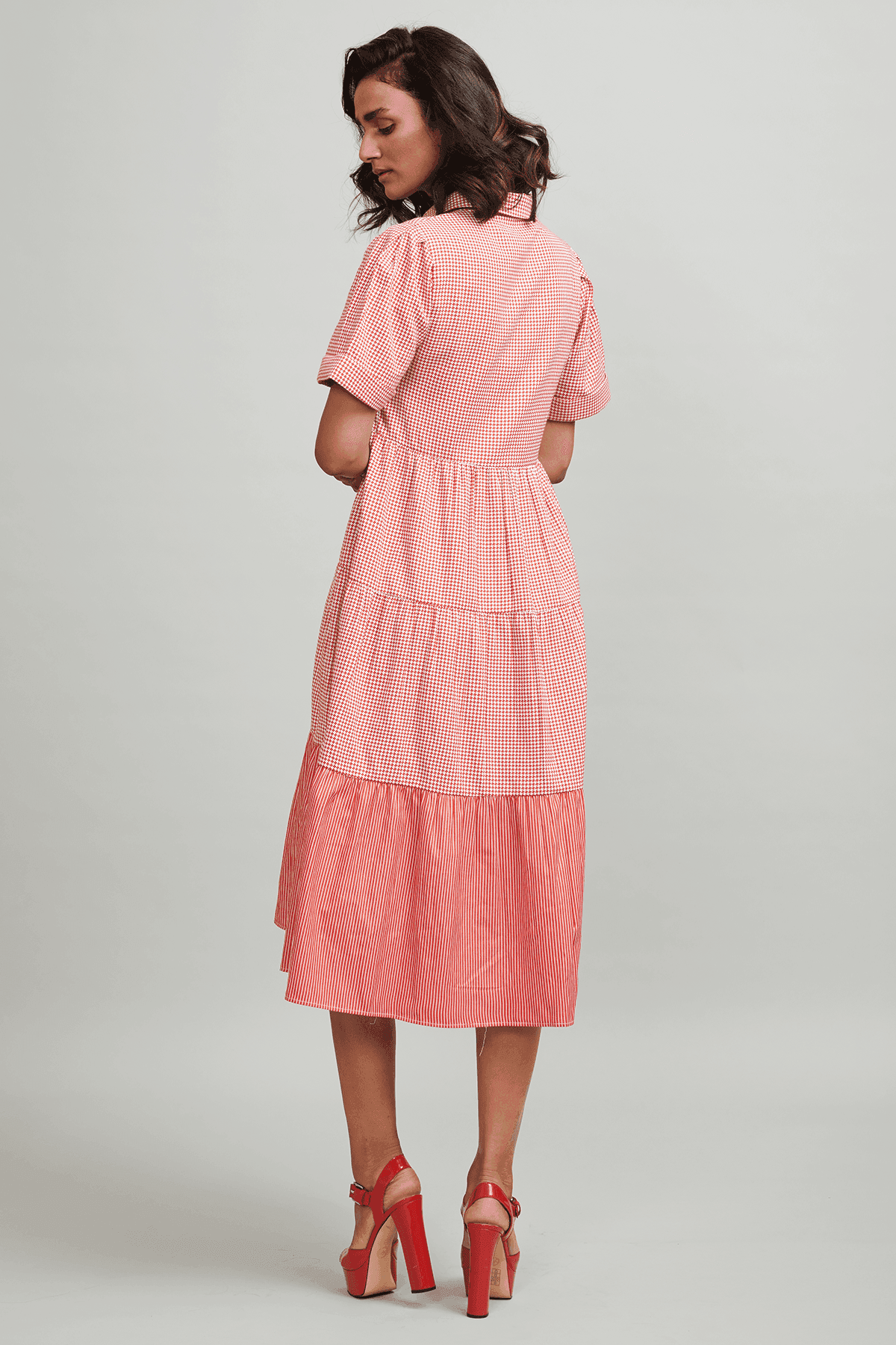 RED CHECKED TIERED MIDI - dash and dot