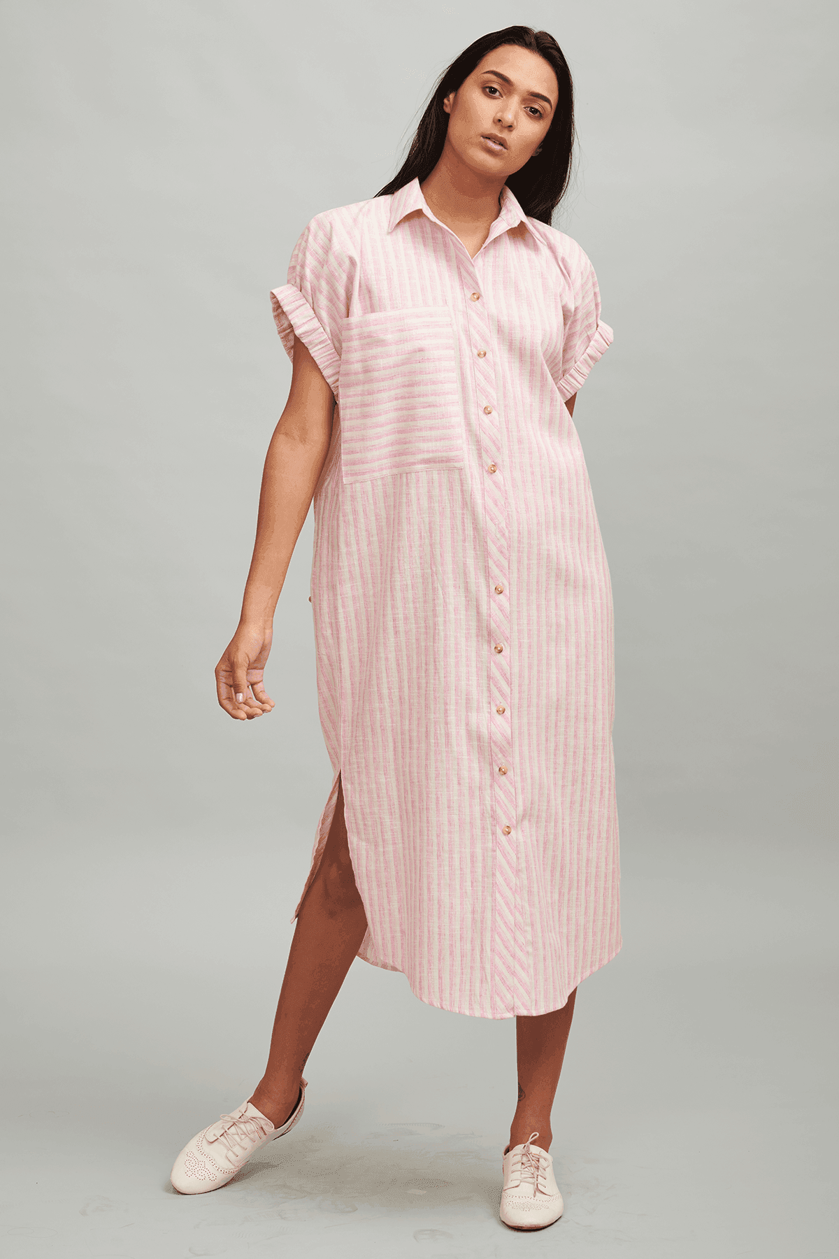PINK STRIPE LINEN SHIRT MIDI - dash and dot