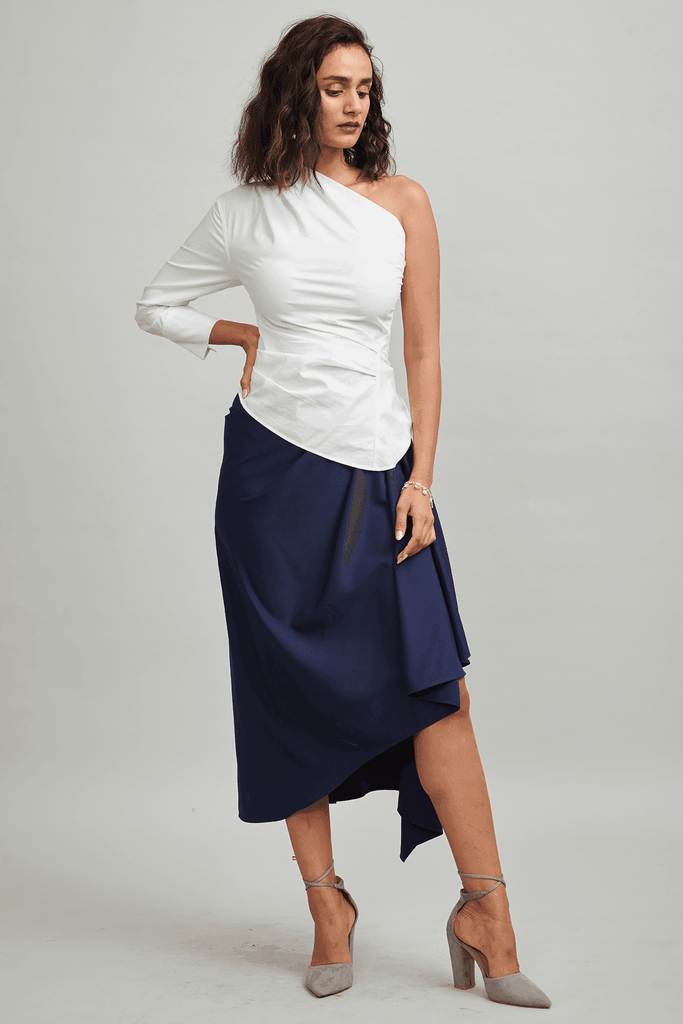 NAVY DRAPED SKIRT - dash and dot dash and dot