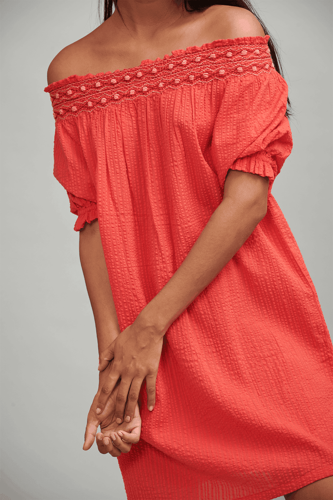 CORAL OFF-SHOULDER DRESS - dash and dot dash and dot