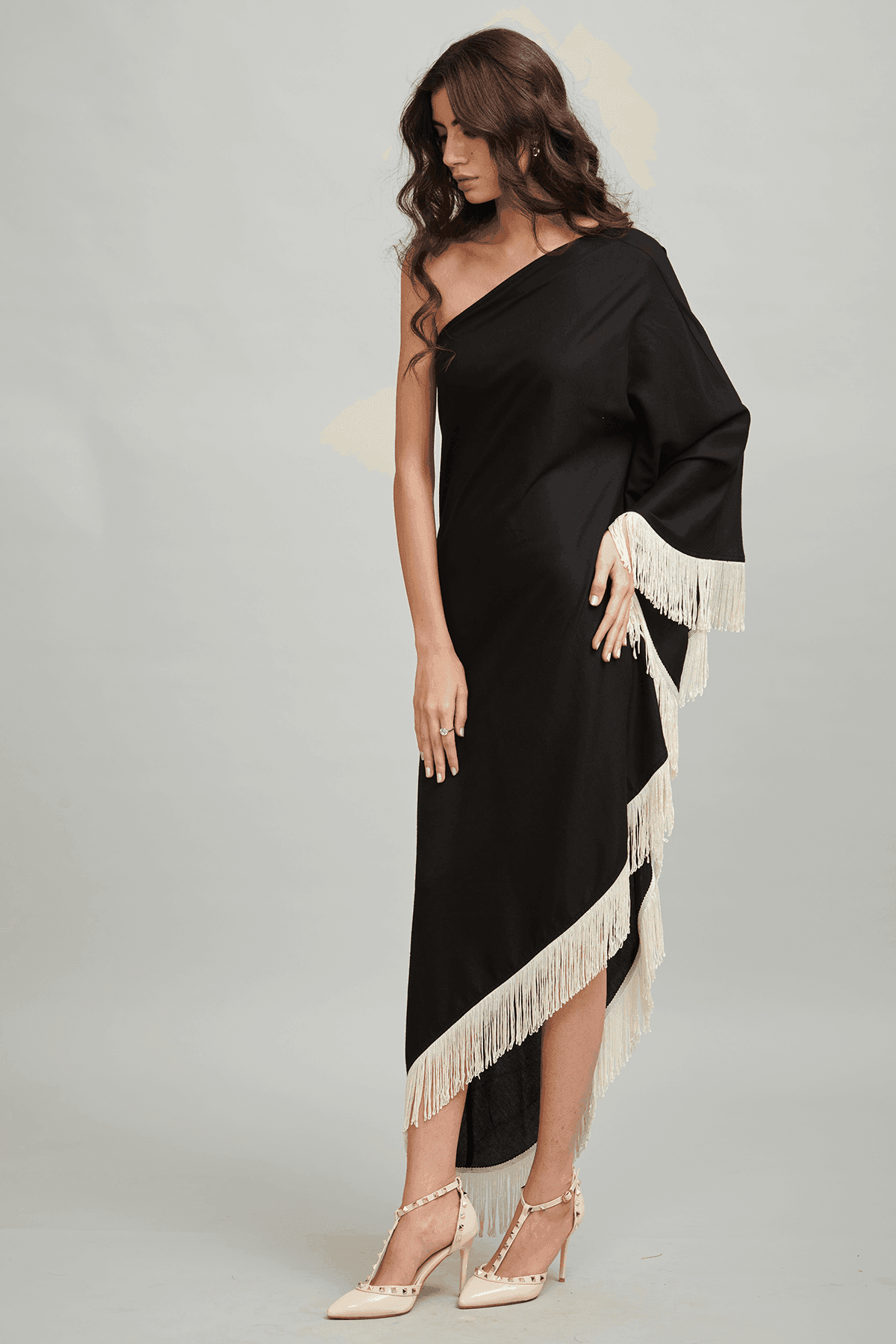 XXS / Black ONE SHOULDER FRINGE DRESS XXS / Black ONE SHOULDER FRINGE DRESS