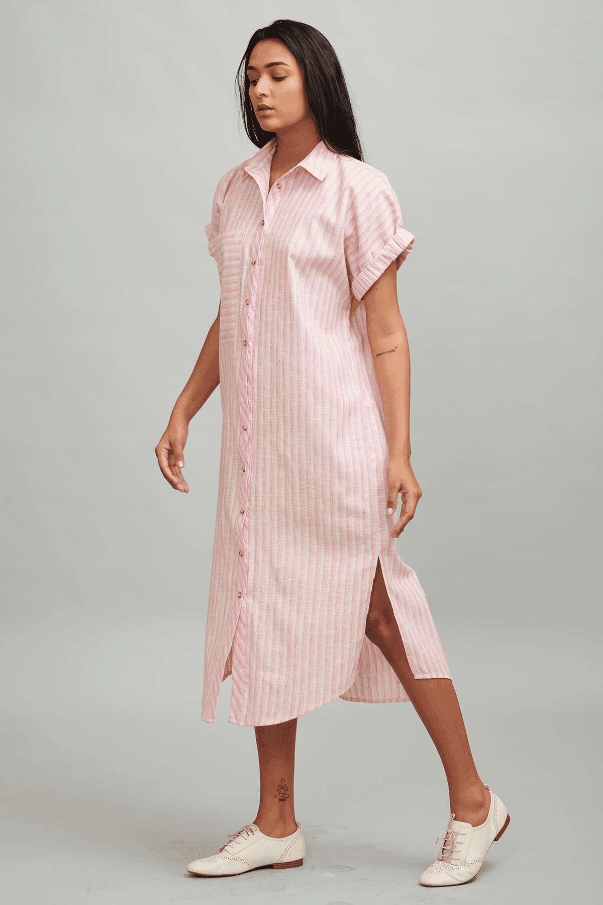 PINK STRIPE LINEN SHIRT MIDI - dash and dot