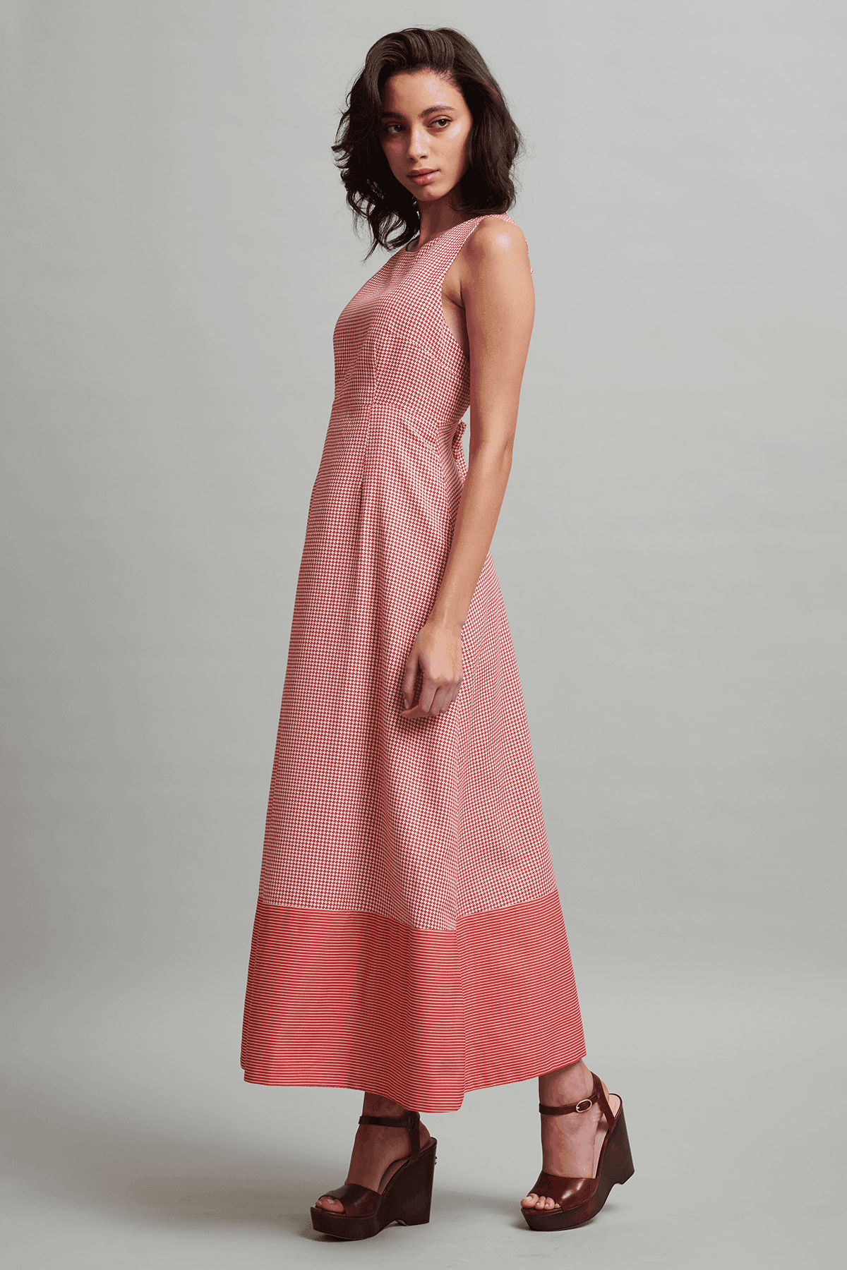 RED CHECKED BACKLESS MIDI - dash and dot