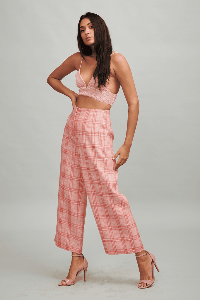 RED LINEN CHECK PANT - dash and dot dash and dot