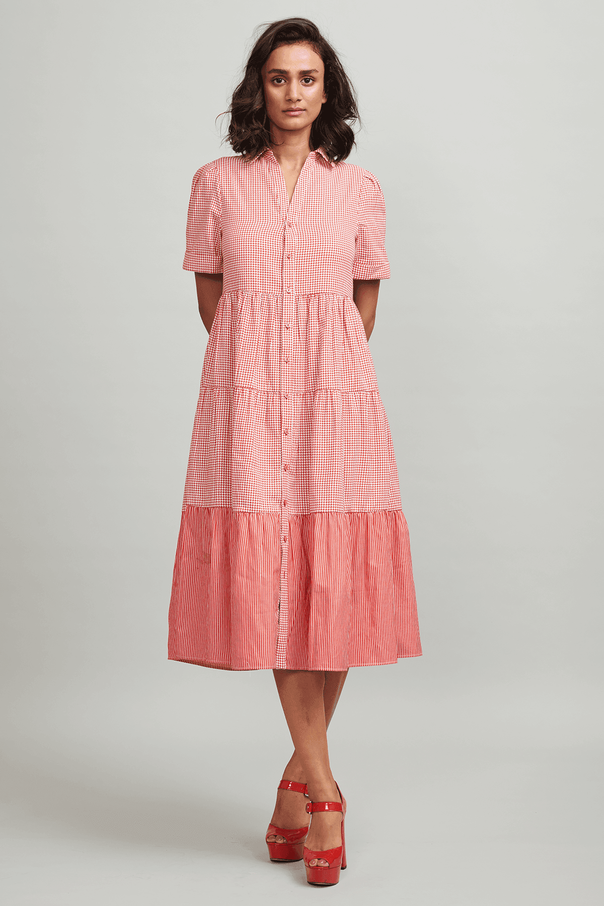 RED CHECKED TIERED MIDI - dash and dot