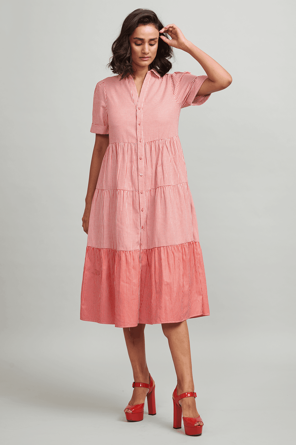 RED CHECKED TIERED MIDI - dash and dot