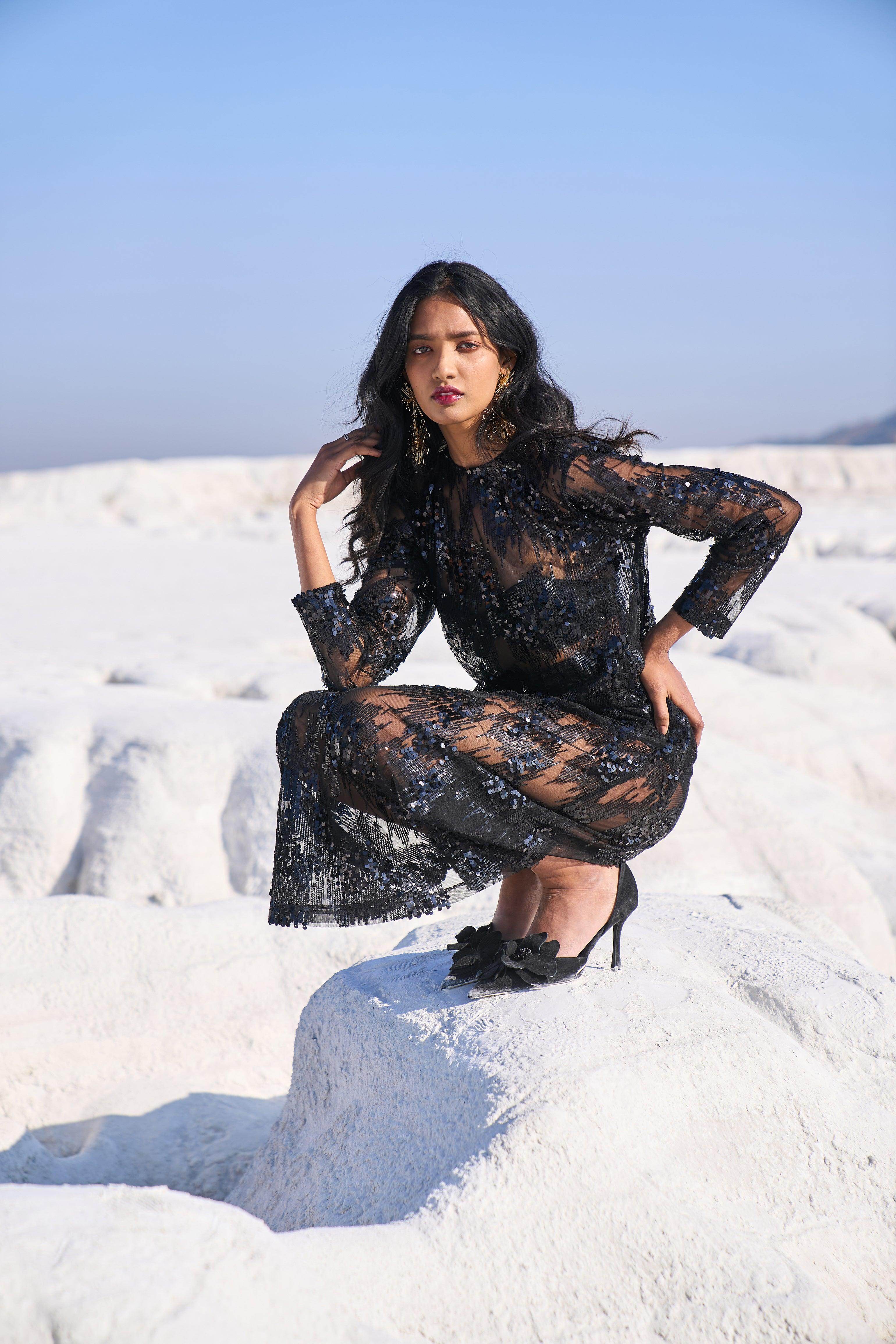 sheer sequin dress black dash and dot