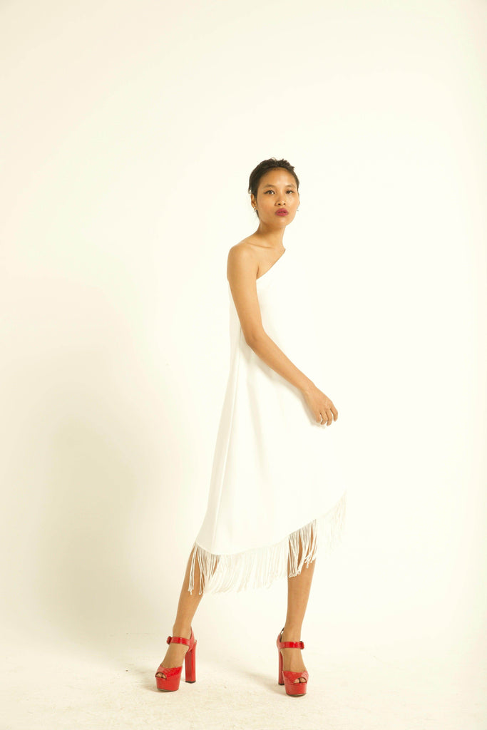 ONE SHOULDER FRINGE DRESS - dash and dot dash and dot