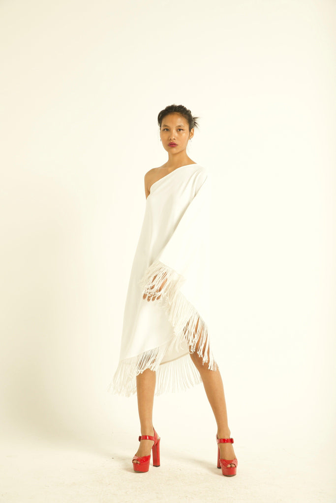 ONE SHOULDER FRINGE DRESS - dash and dot dash and dot