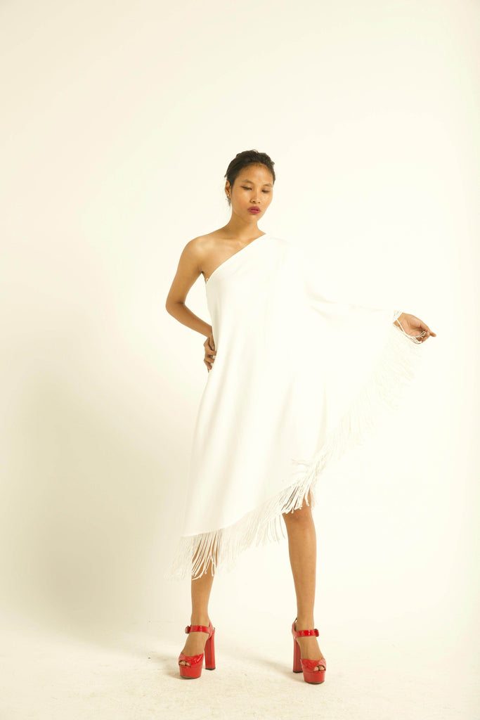 ONE SHOULDER FRINGE DRESS - dash and dot dash and dot