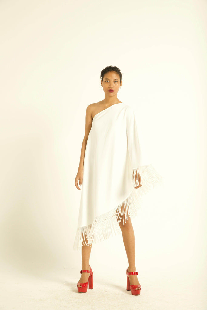ONE SHOULDER FRINGE DRESS - dash and dot dash and dot