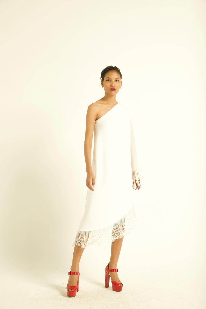 ONE SHOULDER FRINGE DRESS - dash and dot dash and dot