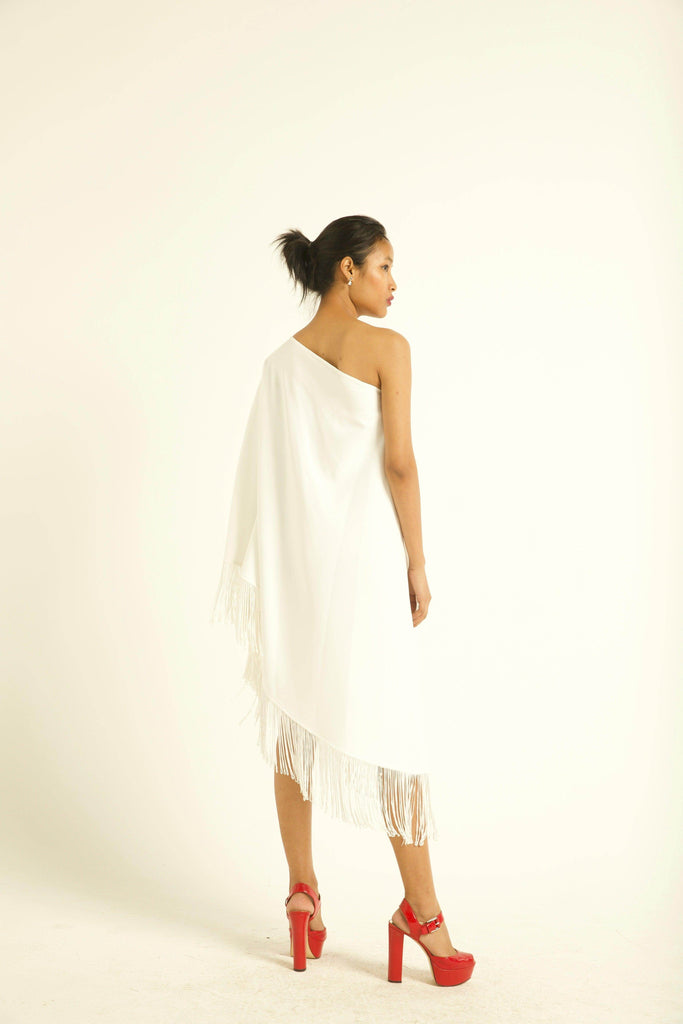 ONE SHOULDER FRINGE DRESS - dash and dot dash and dot
