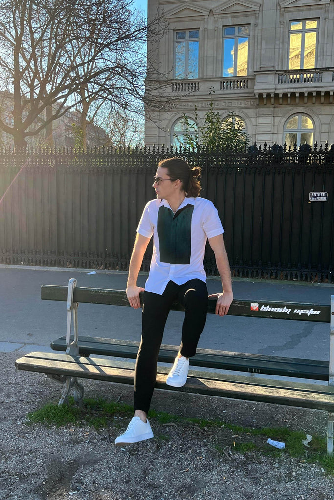 HALF SLEEVE PINTUCK BIB SHIRT - dash and dot dash and dot