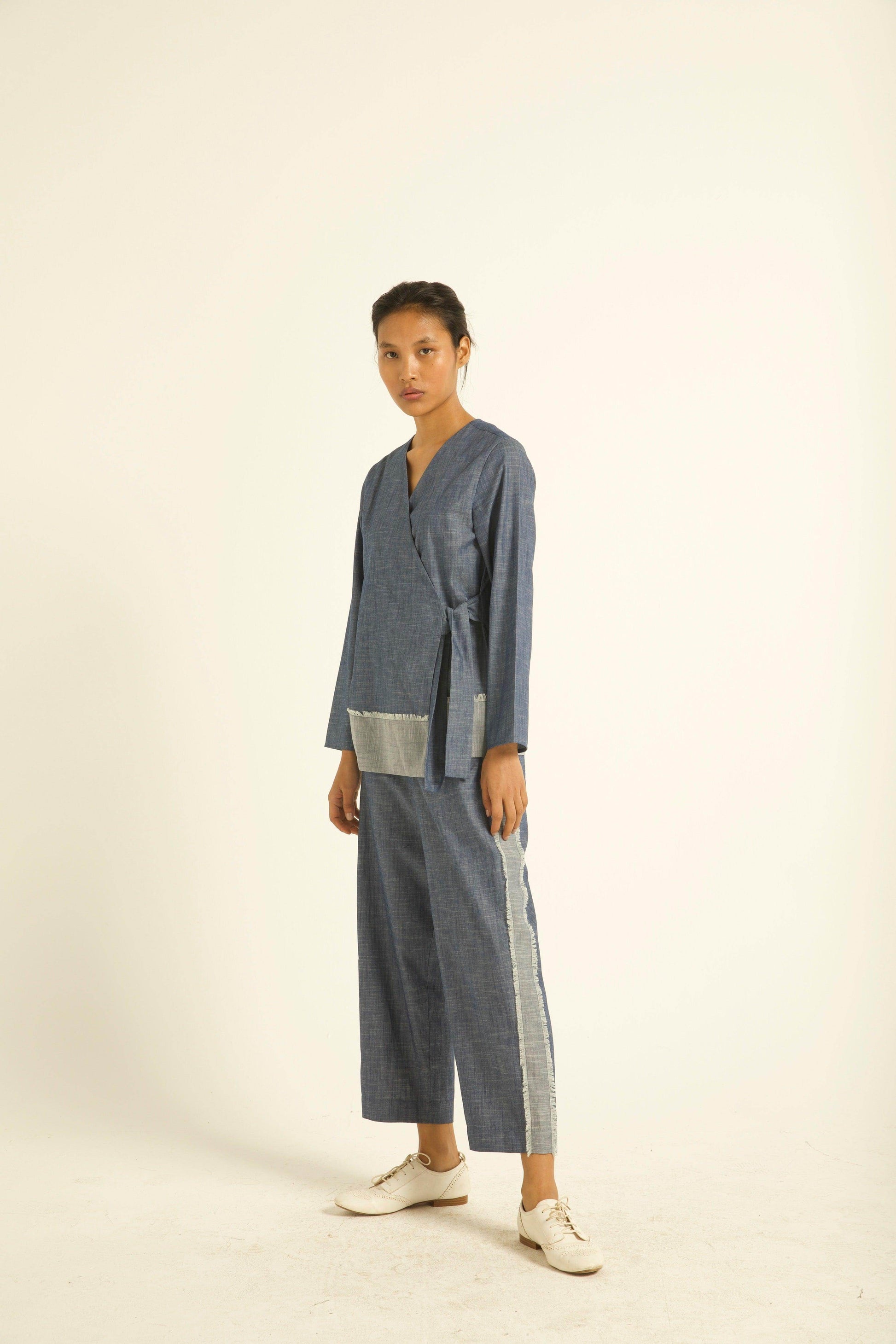 SIDE TIE DENIM BLOCK PANT - dash and dot