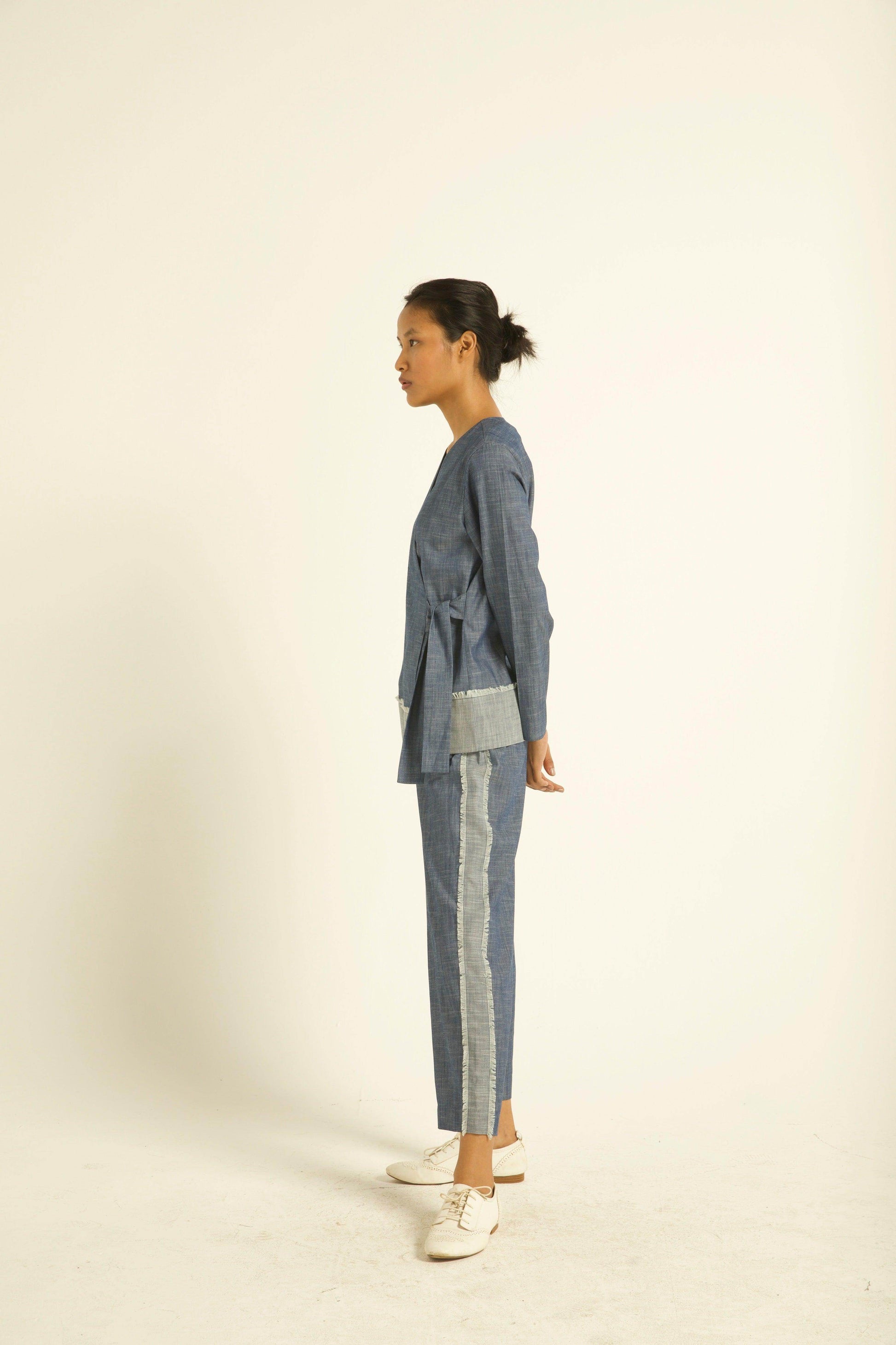 SIDE TIE DENIM BLOCK TOP - dash and dot