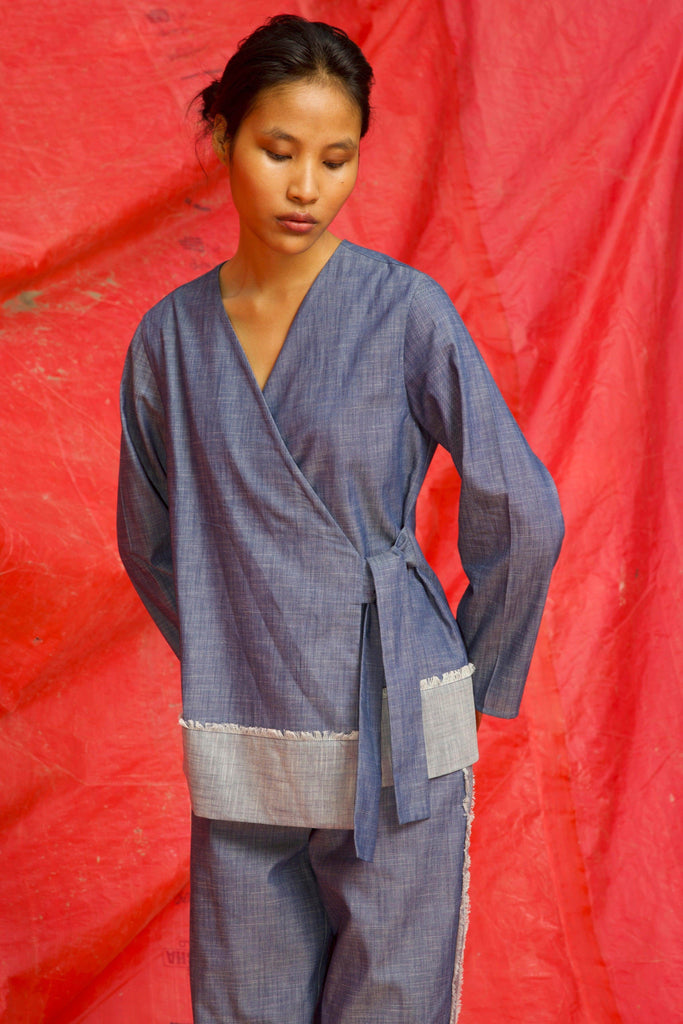 SIDE TIE DENIM BLOCK TOP - dash and dot dash and dot
