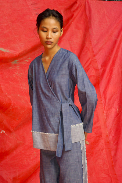 SIDE TIE DENIM BLOCK TOP - dash and dot