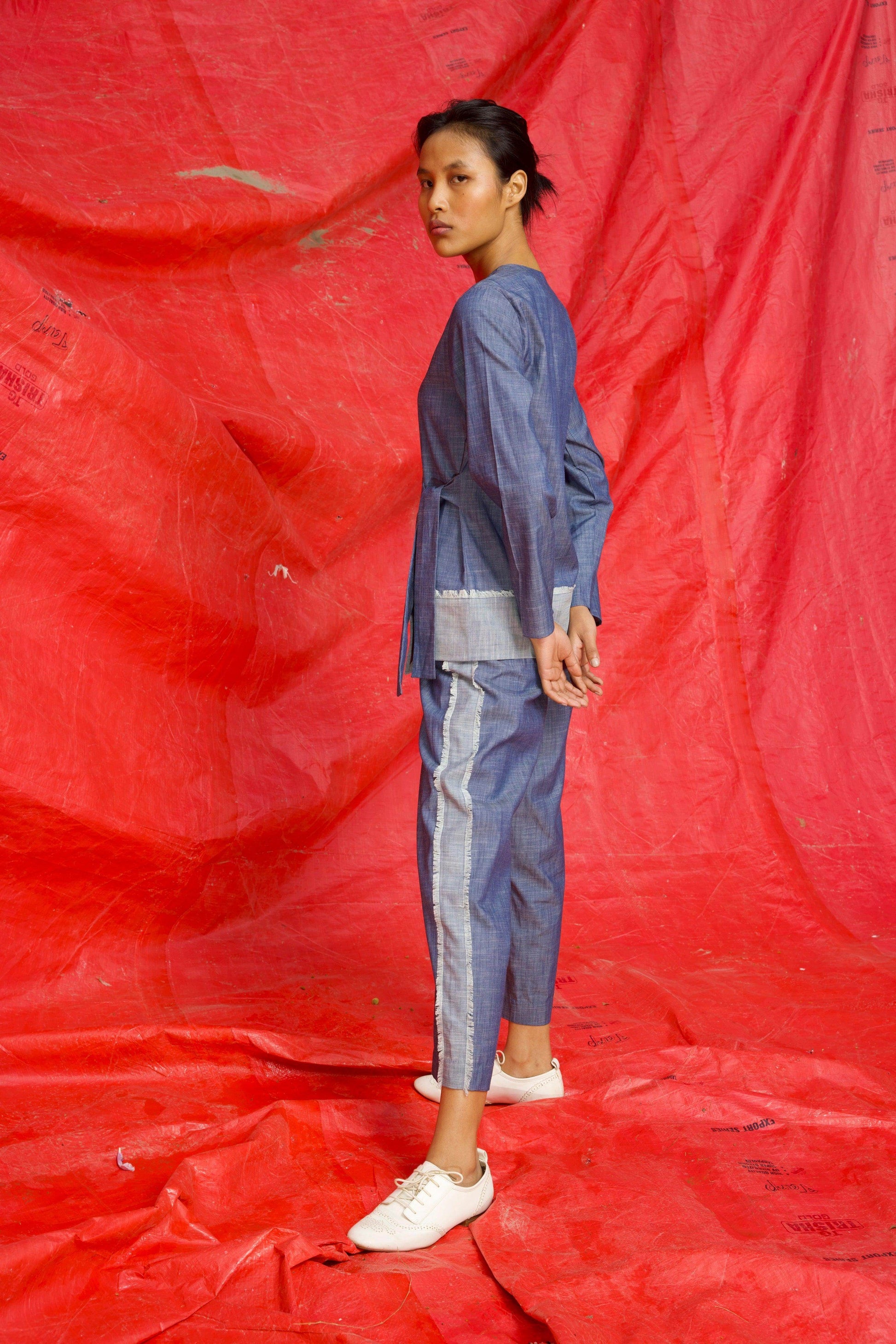 SIDE TIE DENIM BLOCK TOP - dash and dot