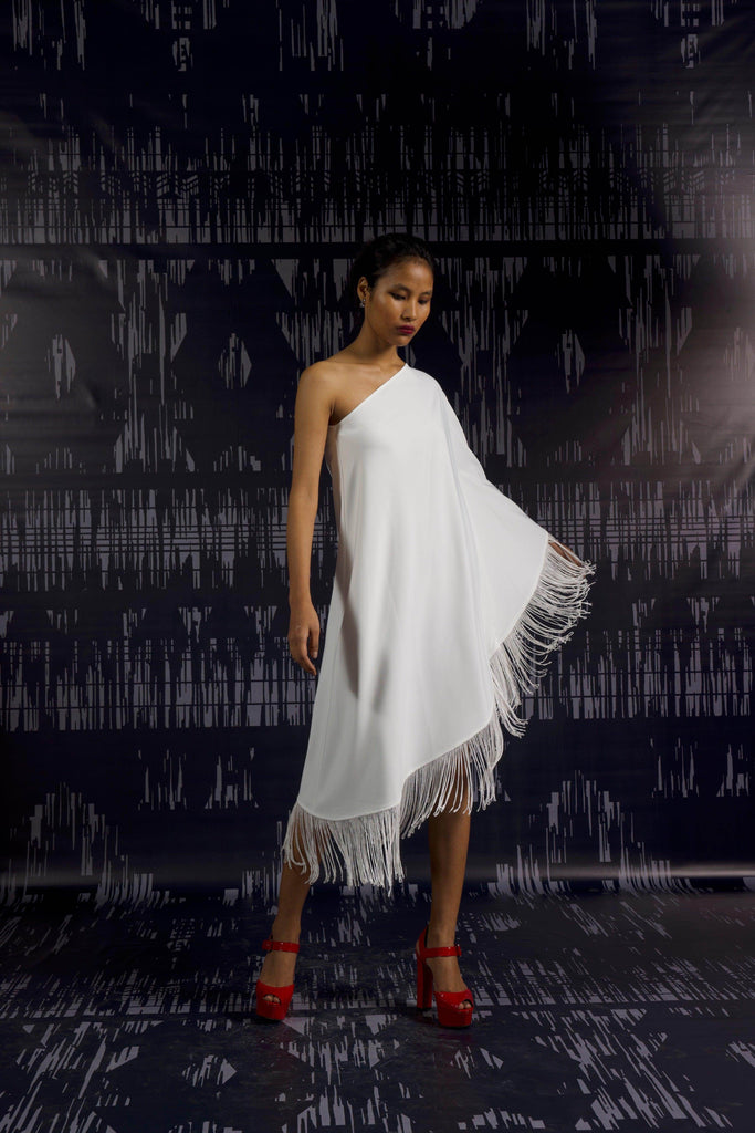 ONE SHOULDER FRINGE DRESS - dash and dot dash and dot