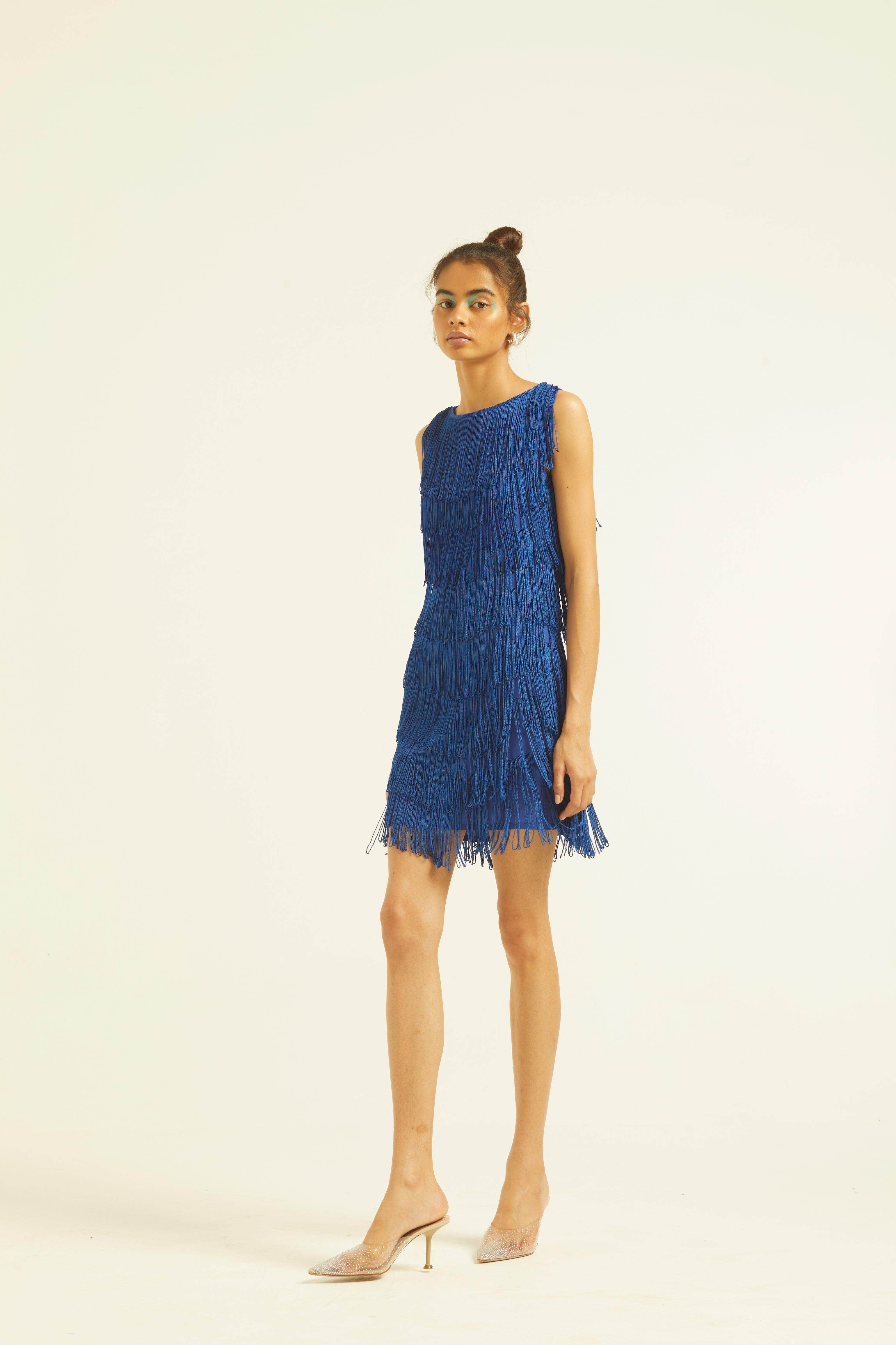 blue suede fringe dress Denim Blue Paisley Suede Fringe Dress L