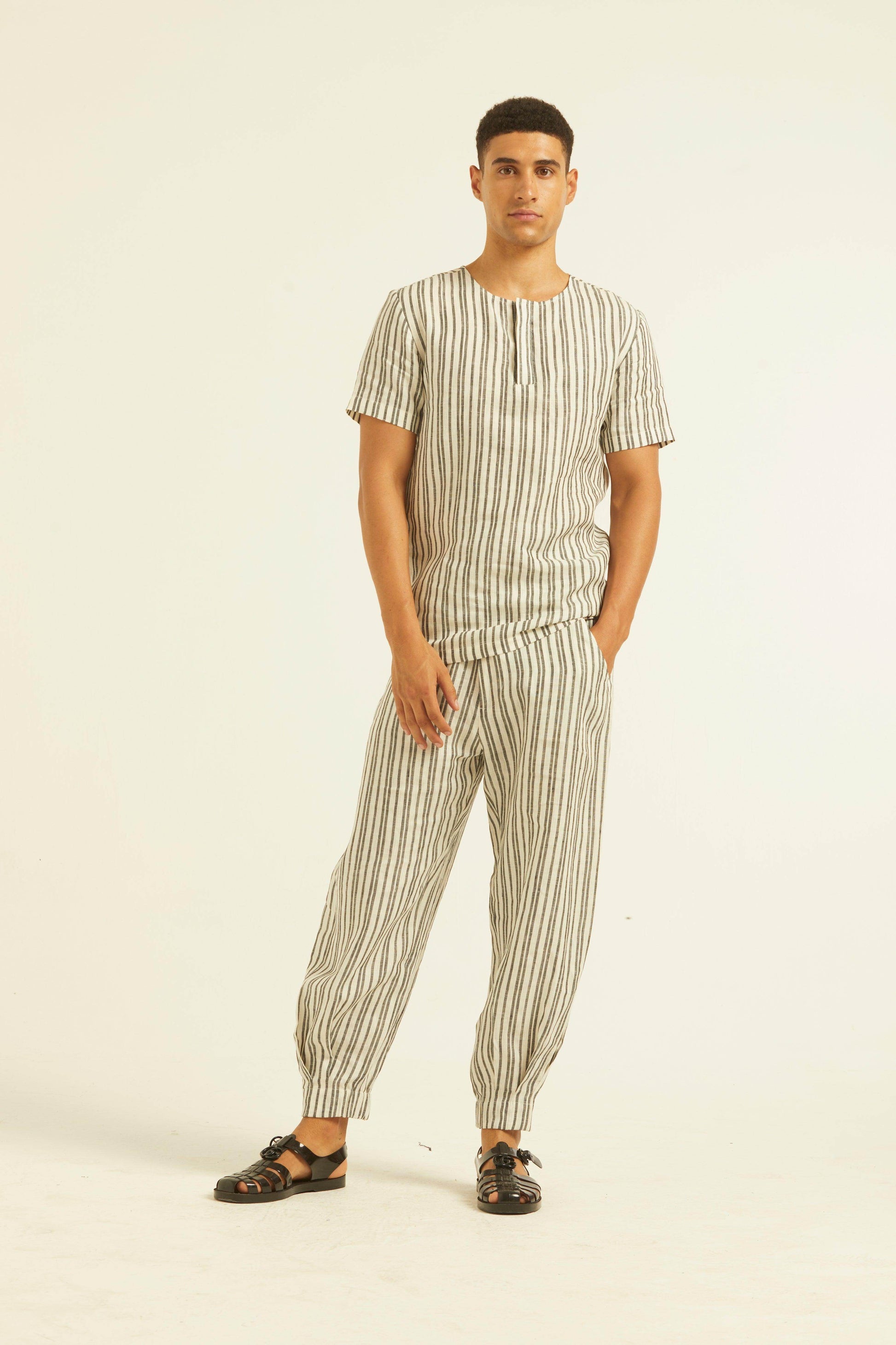 LINEN STRIPE BOX PLEATED PANT - dash and dot