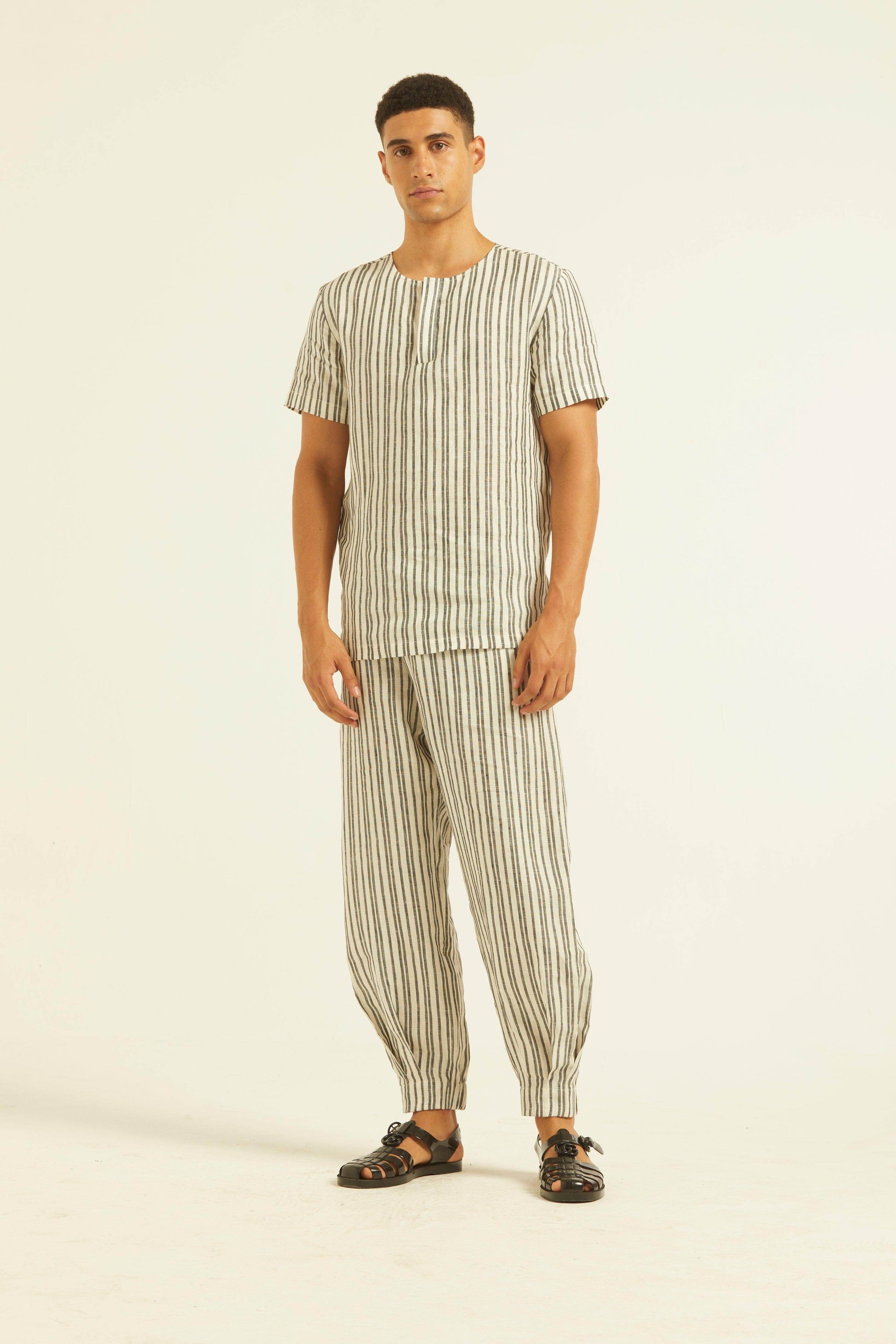 LINEN STRIPE BOX PLEATED PANT - dash and dot