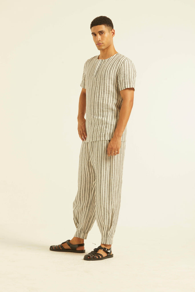 LINEN STRIPE BOX PLEATED PANT - dash and dot dash and dot