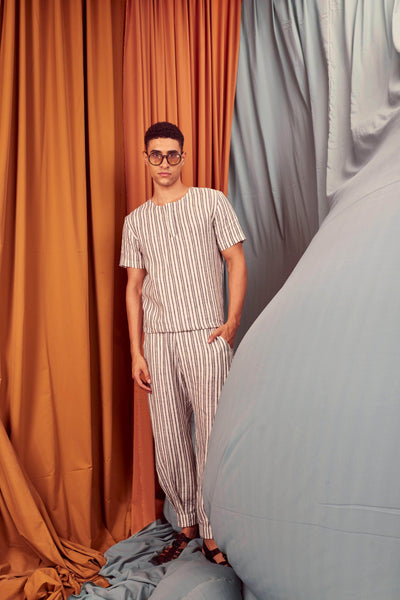 LINEN STRIPE BOX PLEATED PANT - dash and dot