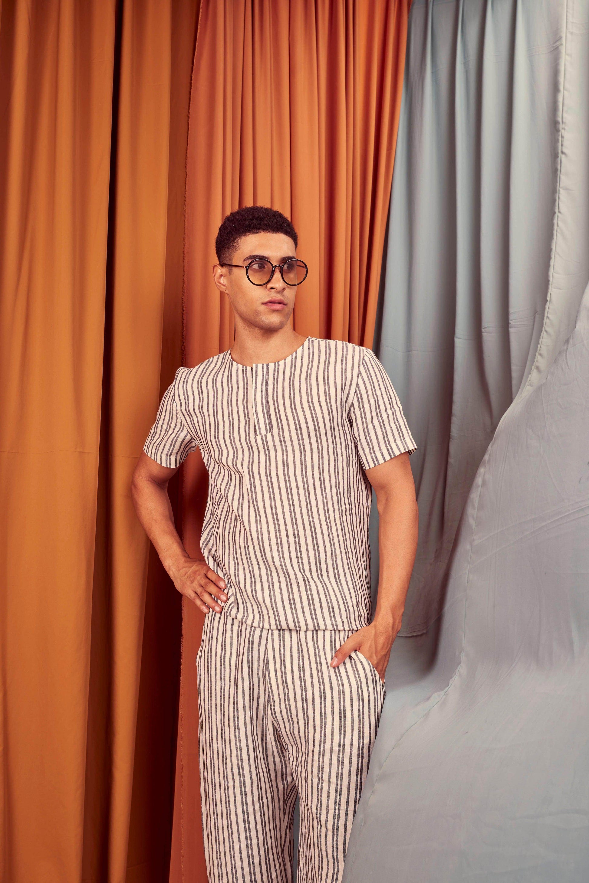 LINEN STRIPE BOX PLEATED PANT - dash and dot