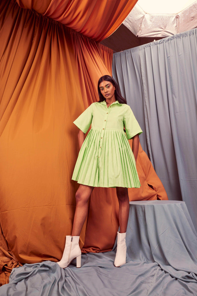 HALF SLEEVE ACCORDION PLEAT SHIRT DRESS - dash and dot dash and dot